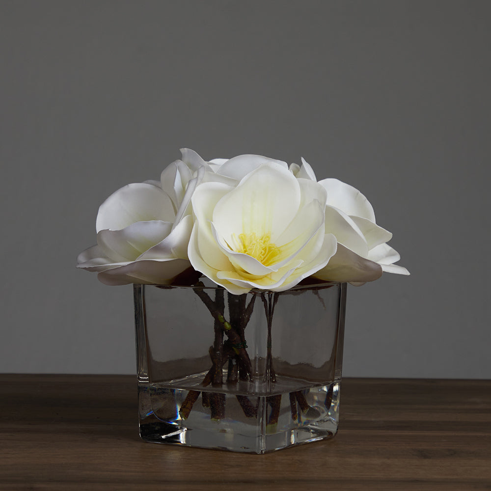 Artificial Magnolia Arrangement in Cubic Glass Vase